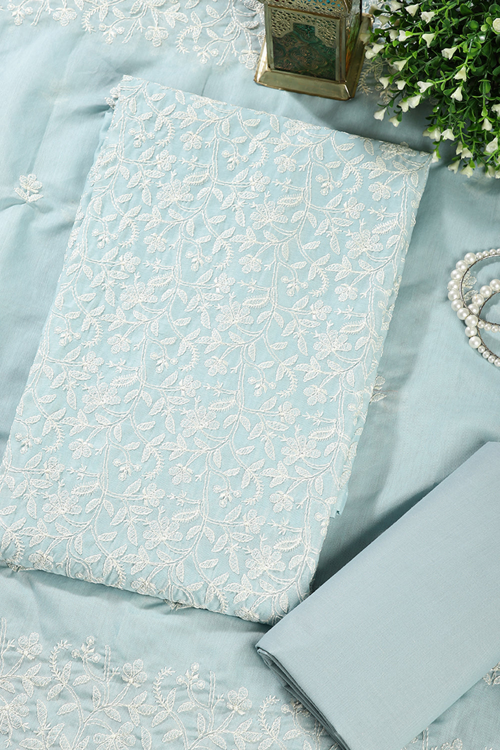 Turquoise Colour Resham Embroidered Chanderi Unstitched Suit