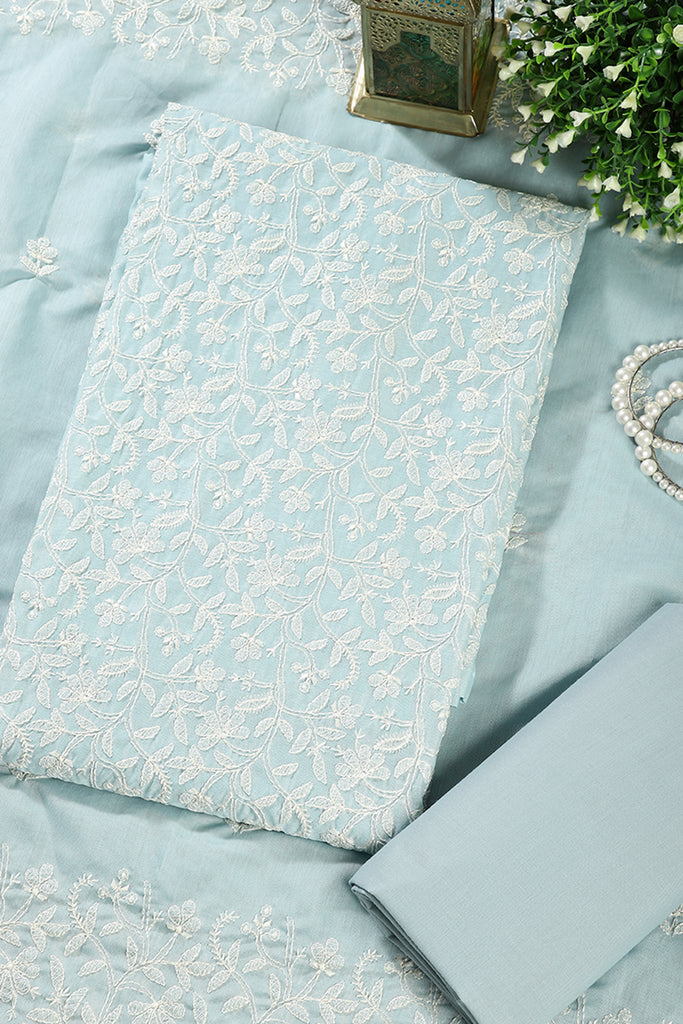 Turquoise Colour Resham Embroidered Chanderi Unstitched Suit