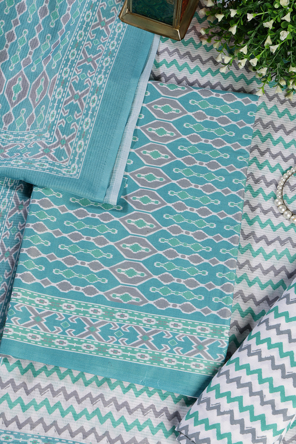 Turquoise Malmal Cotton Printed Unstitched Suit Material