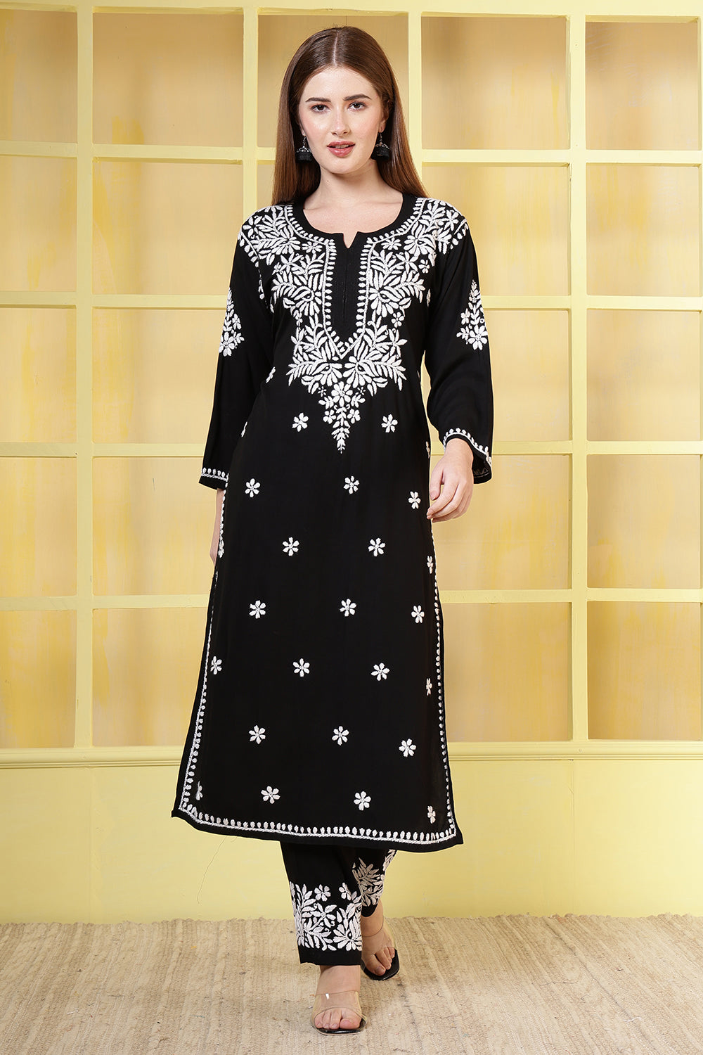 Black Rayon Resham Embroidered Kurti Set