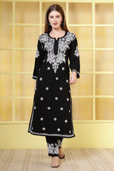 Black Rayon Resham Embroidered Kurti Set