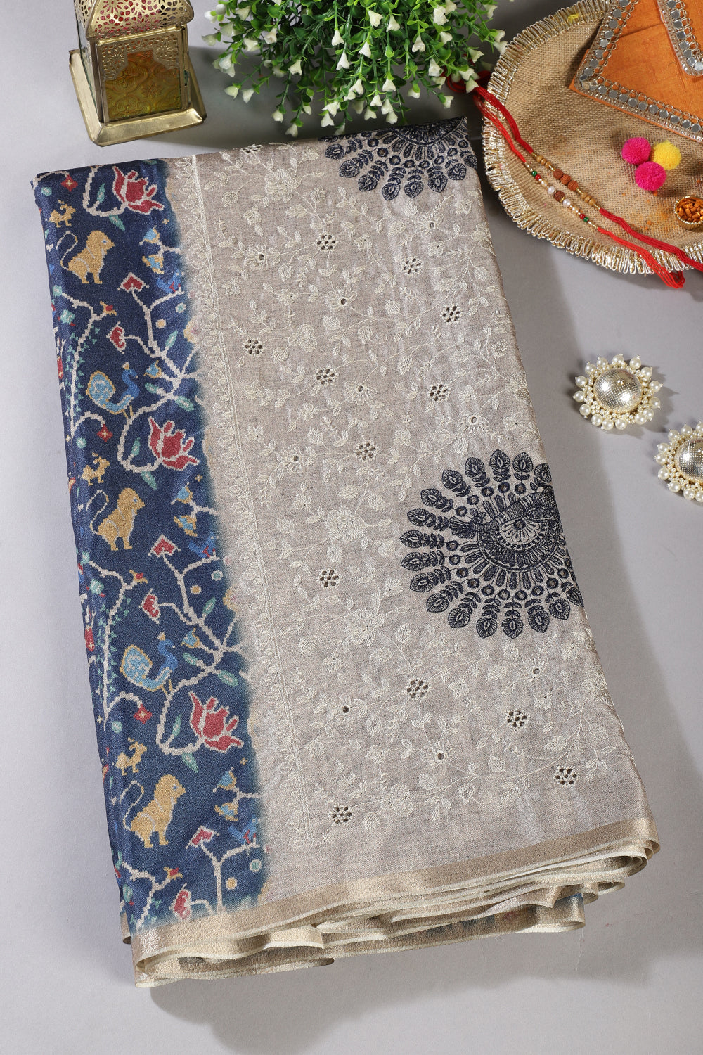 Navy Green Tussar Silk Printed Saree