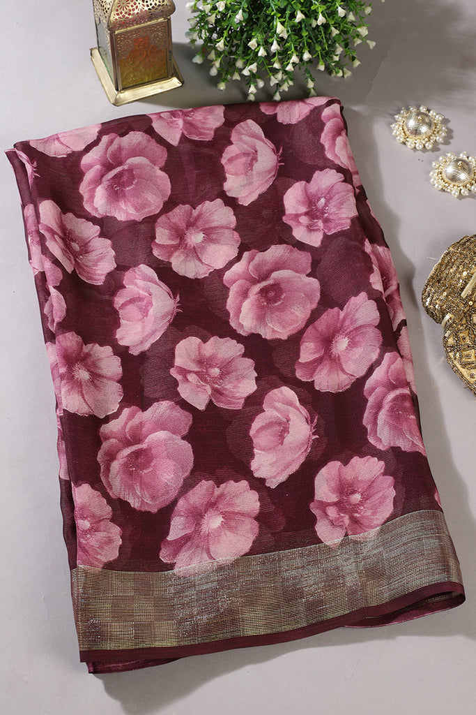 Wine Chiffon Floral Printed Saree