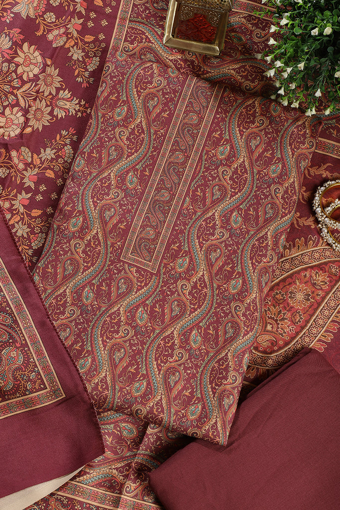 Wine Color Pashmina Digital Printed Unstitched Suit Material
