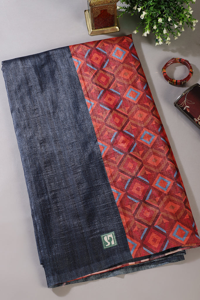 Navy Printed Tussar Silk Saree