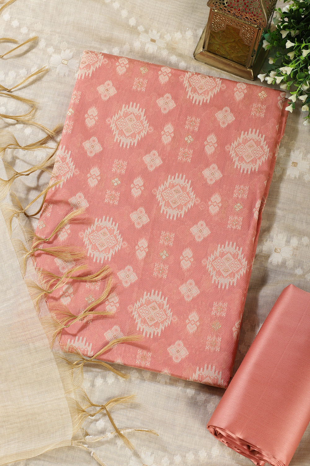Peach Chanderi Cotton Woven Unstitched Suit