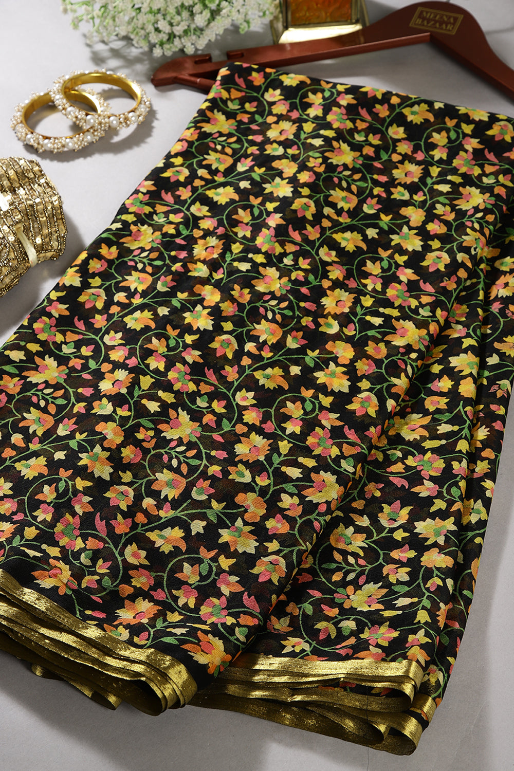 Black Color Chiffon Floral Zari Border Printed Saree