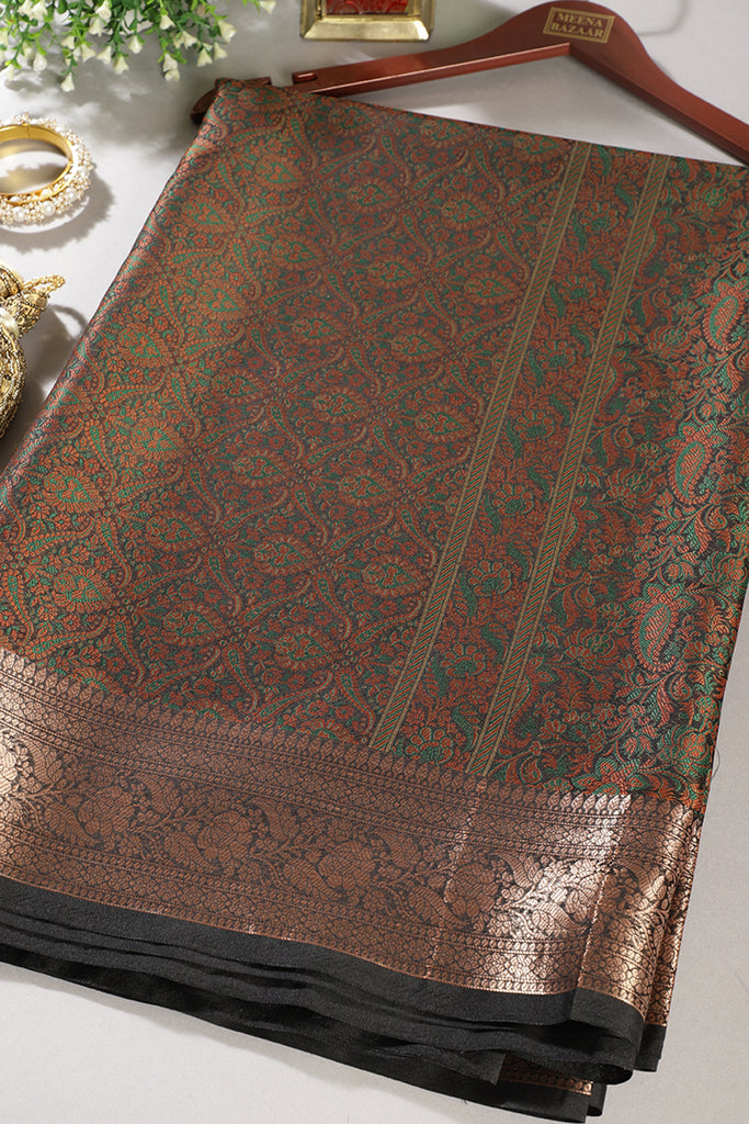 Black Paper Silk Floral and Paisley Resham & Zari Woven Saree