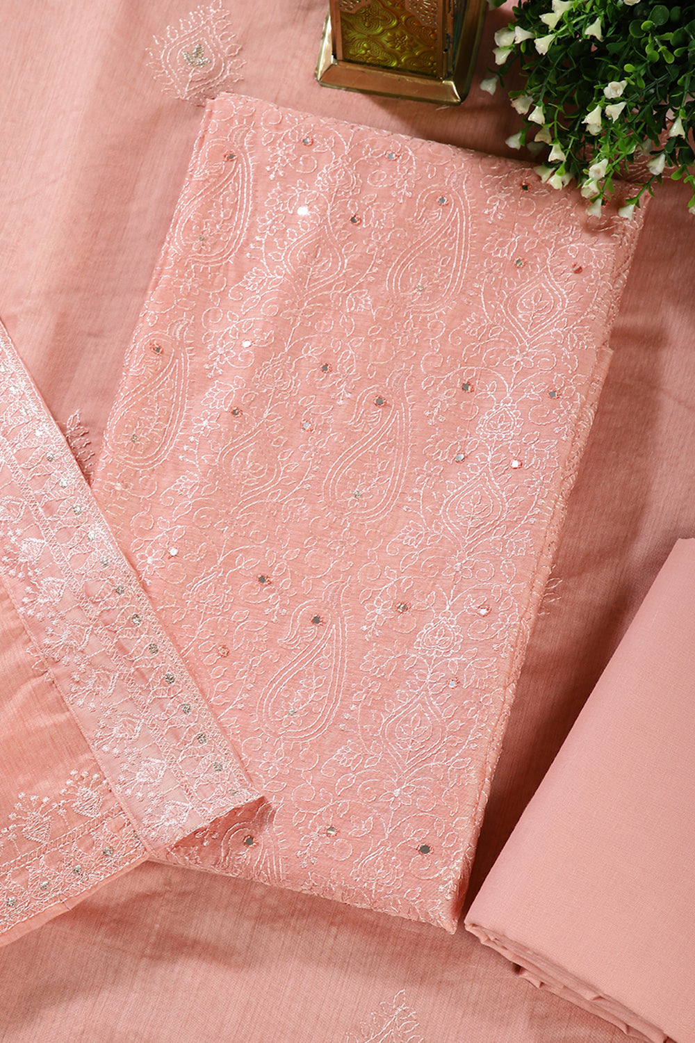 Peach Color Chanderi Resham Embroidered Unstitched Suit