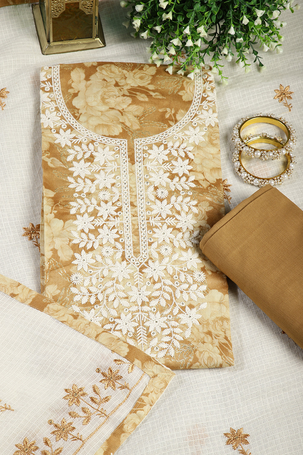 Mustard Color Twill Cotton Printed Chikankari Unstitched Suit Material