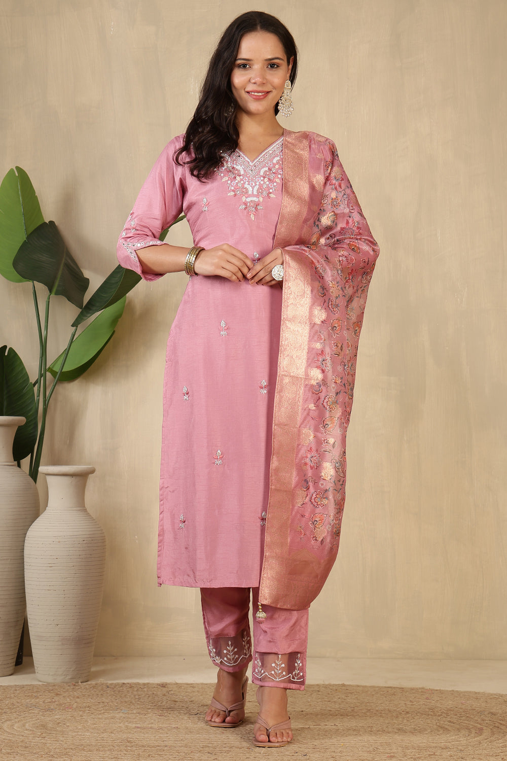 Pink Neck Embroidered Silk Suit