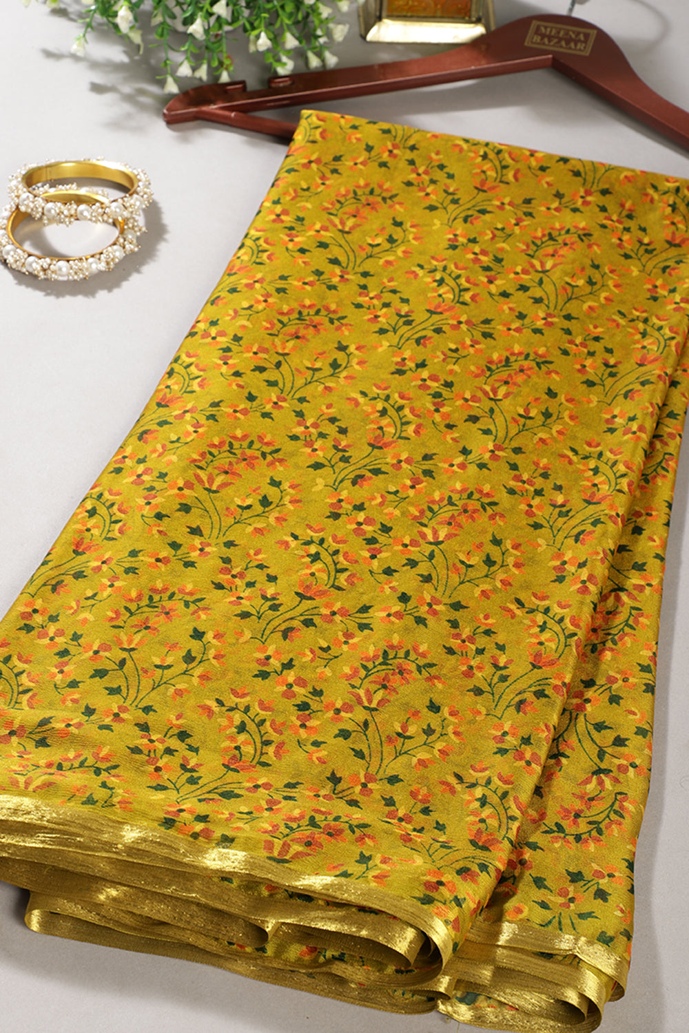 Mehandi Color Chiffon Floral Zari Border Printed Saree