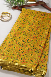 Mehandi Color Chiffon Floral Zari Border Printed Saree