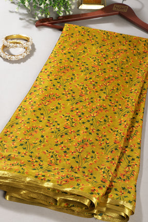 Mehandi Color Chiffon Floral Zari Border Printed Saree