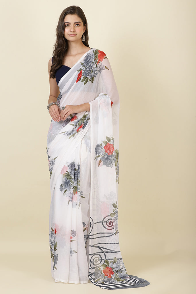 White Georgette Floral Printed Saree