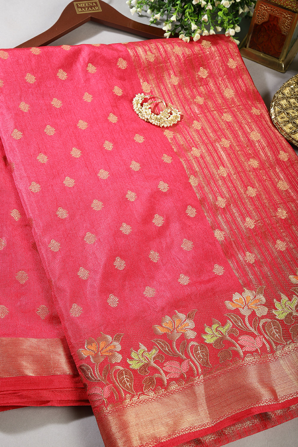 Corel Pink Color Silk Resham & Zari Woven Saree