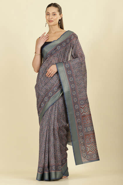 Blue Ajrakh Block Printed Cotton Saree