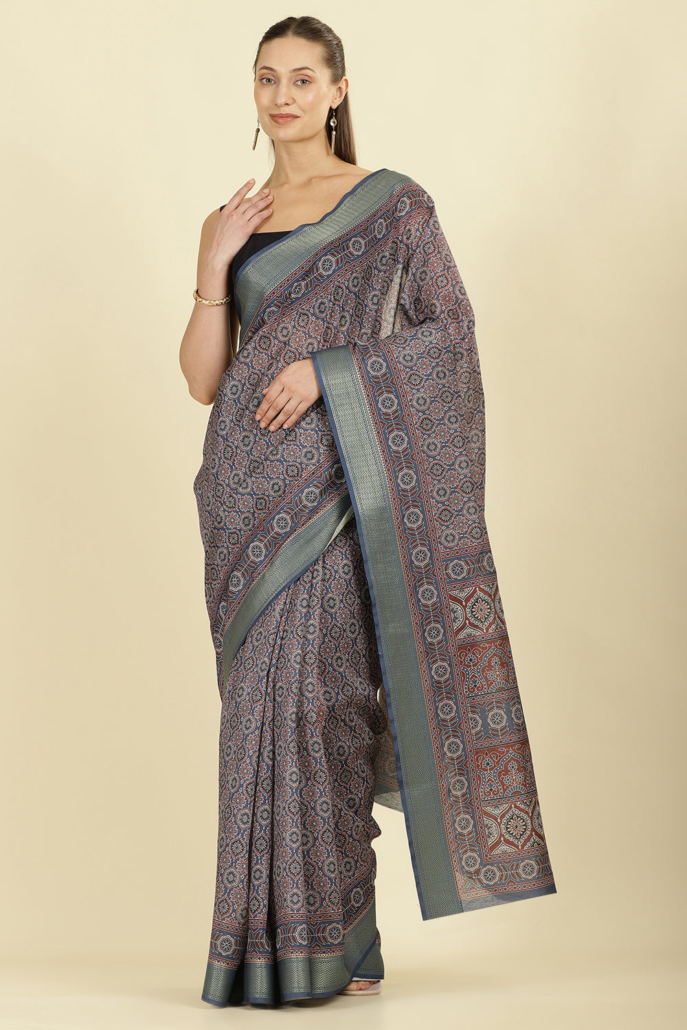 Blue Ajrakh Block Printed Cotton Saree
