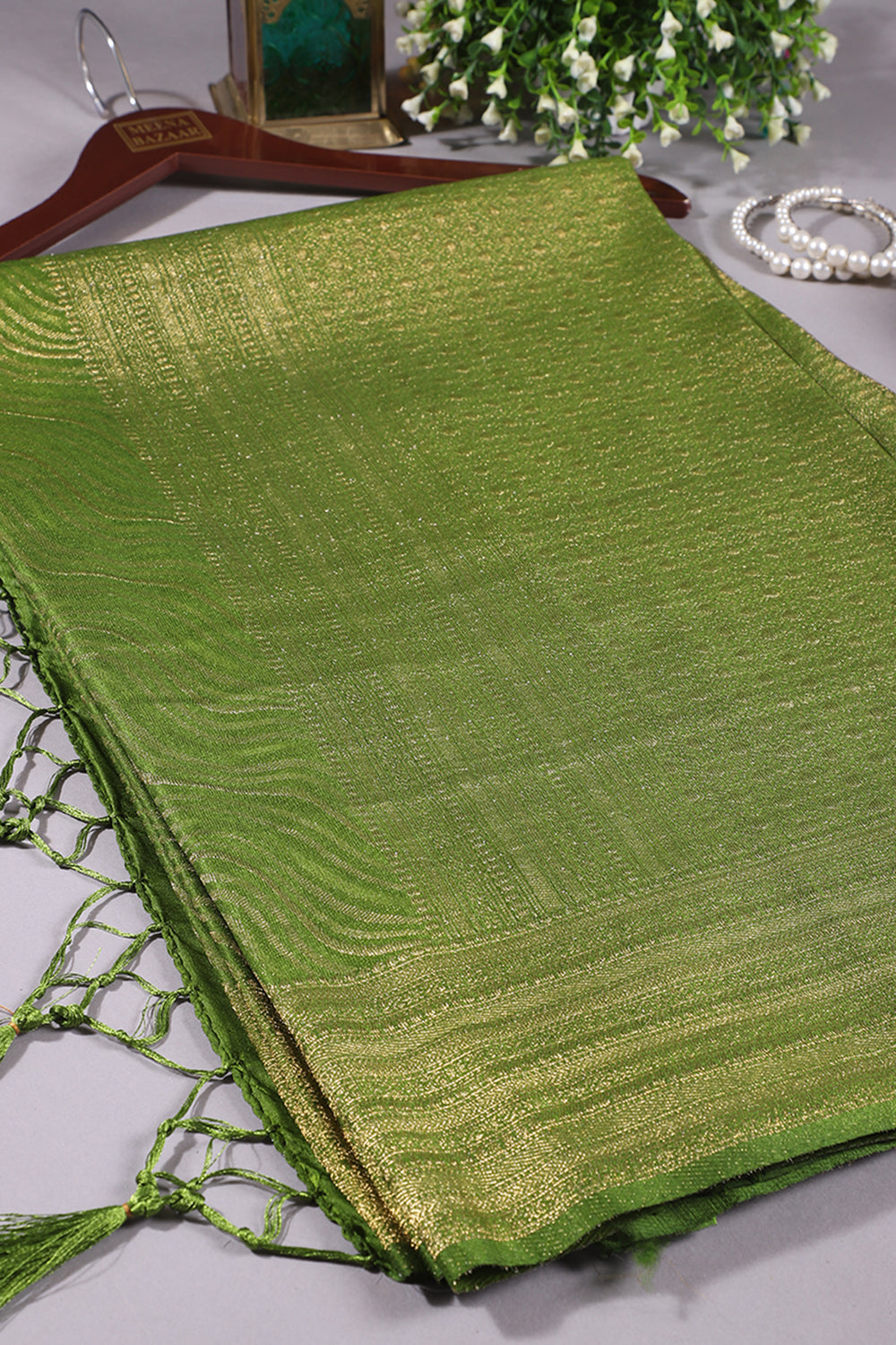 Olive Green Colour Soft Silk Leheria Zari Woven Saree