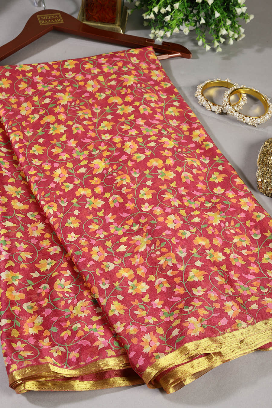 Shiraz Color Chiffon Floral Zari Border Printed Saree