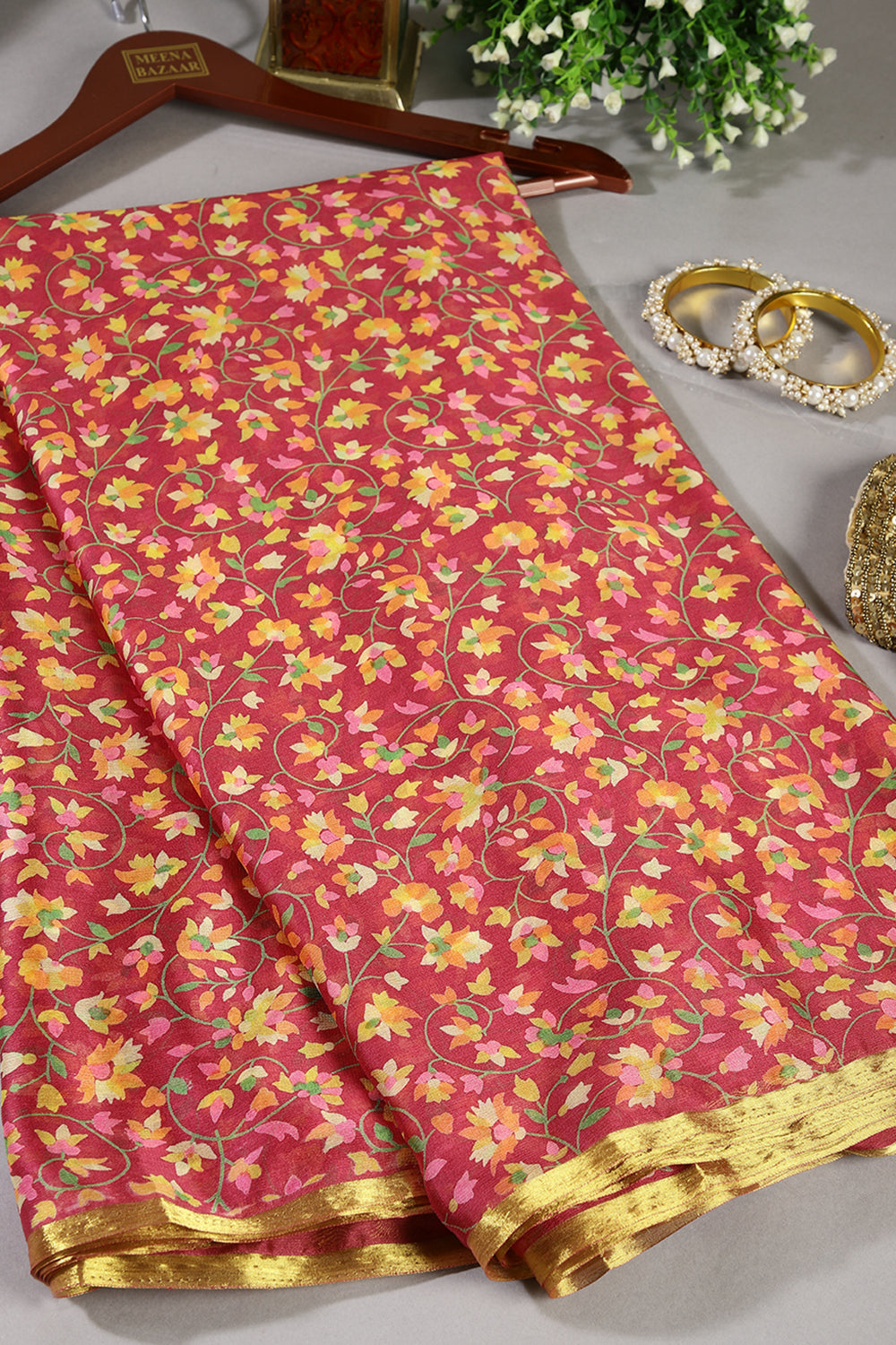 Shiraz Color Chiffon Floral Zari Border Printed Saree