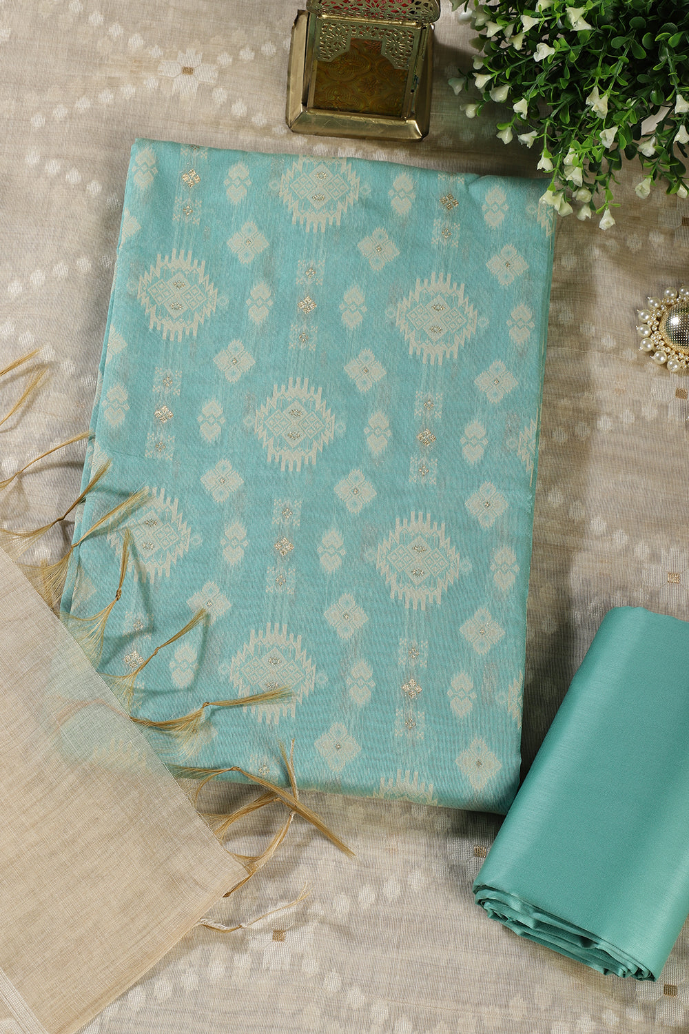 Turquoise  Chanderi Cotton Woven Unstitched Suit