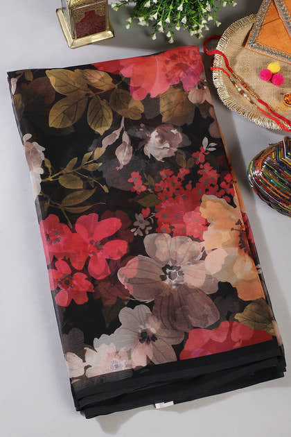 Black Colour Floral Printed Chiffon Saree