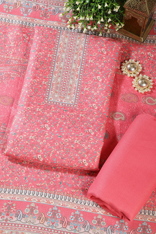 Baby Pink Pashmina Floral Printed Unstitched Suit Fabric