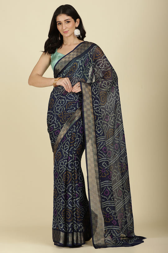 Navy Color Chiffon Bandhani Printed Saree