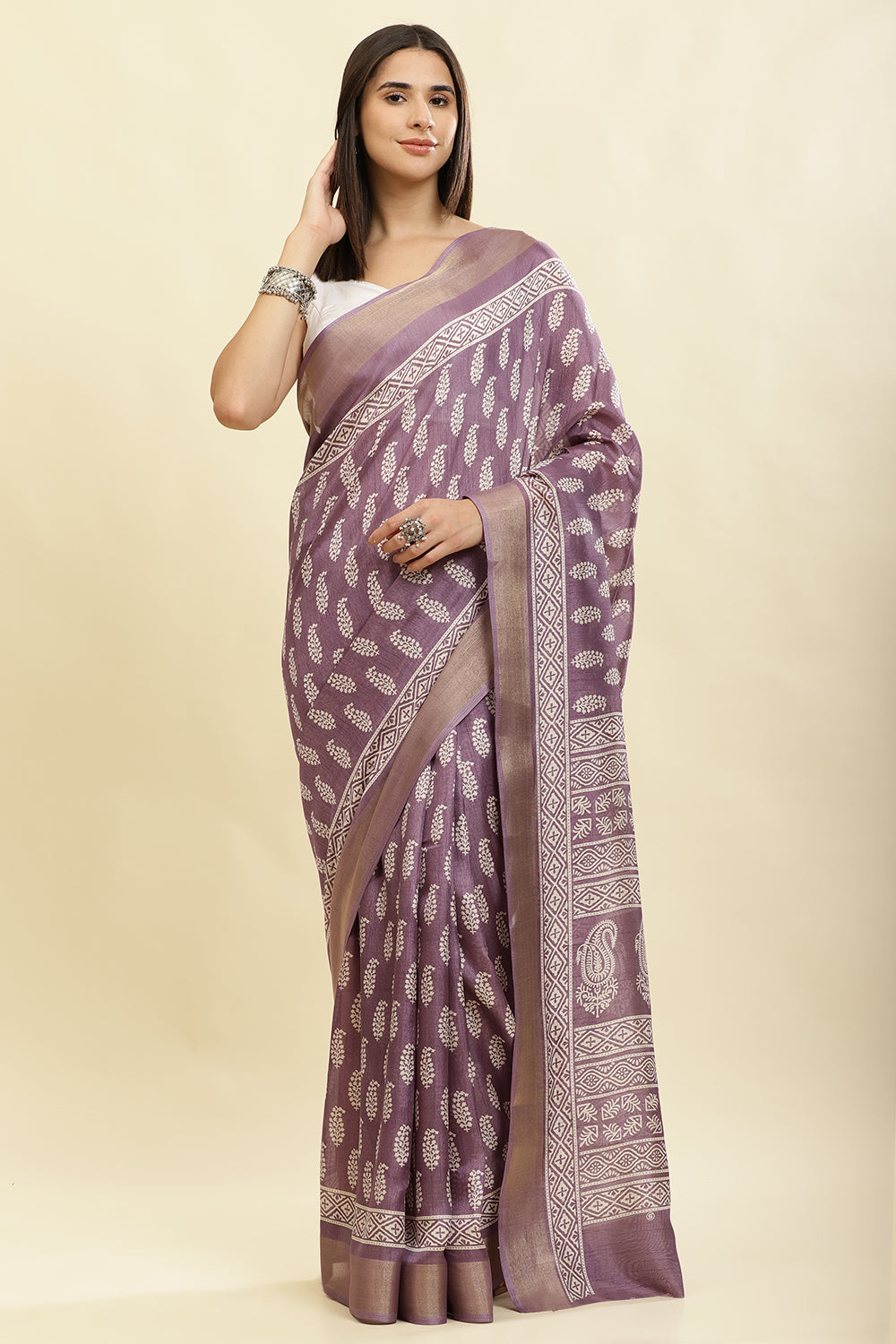 Purple Color Cotton Silk Boota Printed And Zari Woven Saree