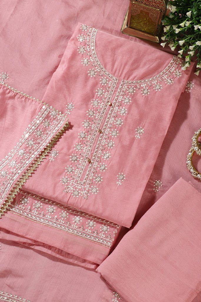 Pink Chanderi Silk Resham Embroidered Unstitched Suit Material
