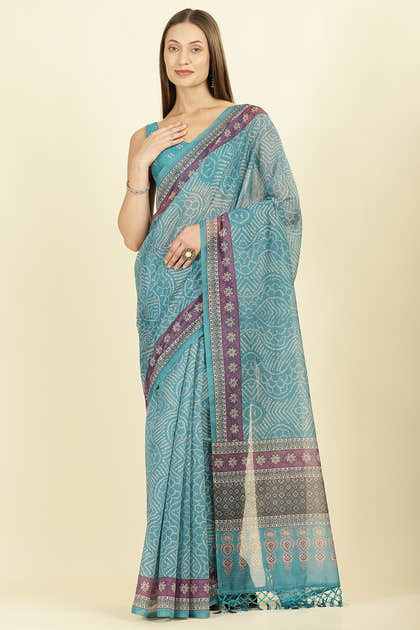 Teal Bandhani Printed Cotton Saree