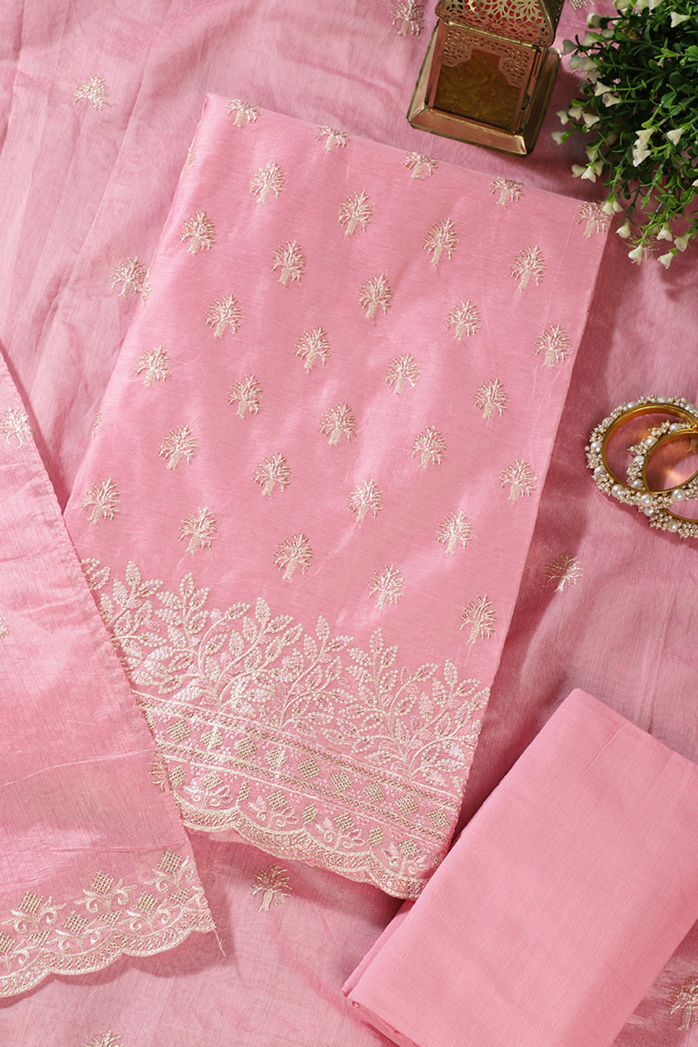 Baby Pink Chanderi Silk Embroidered Unstitched Suit Material