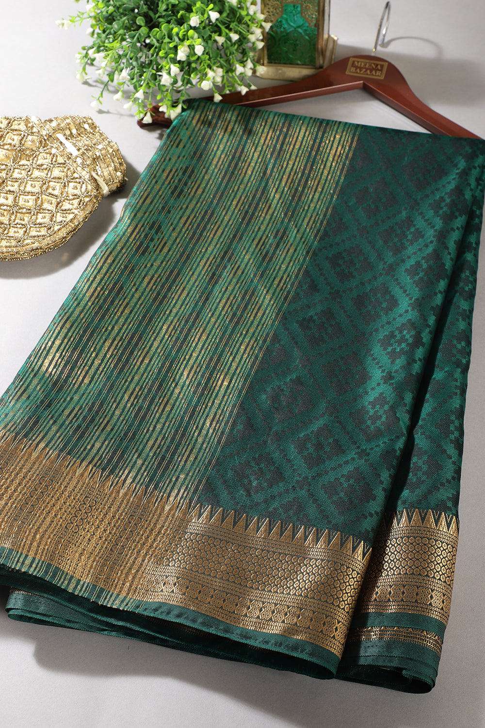 Bottle Green & Black Dual Tone Silk Woven Saree.