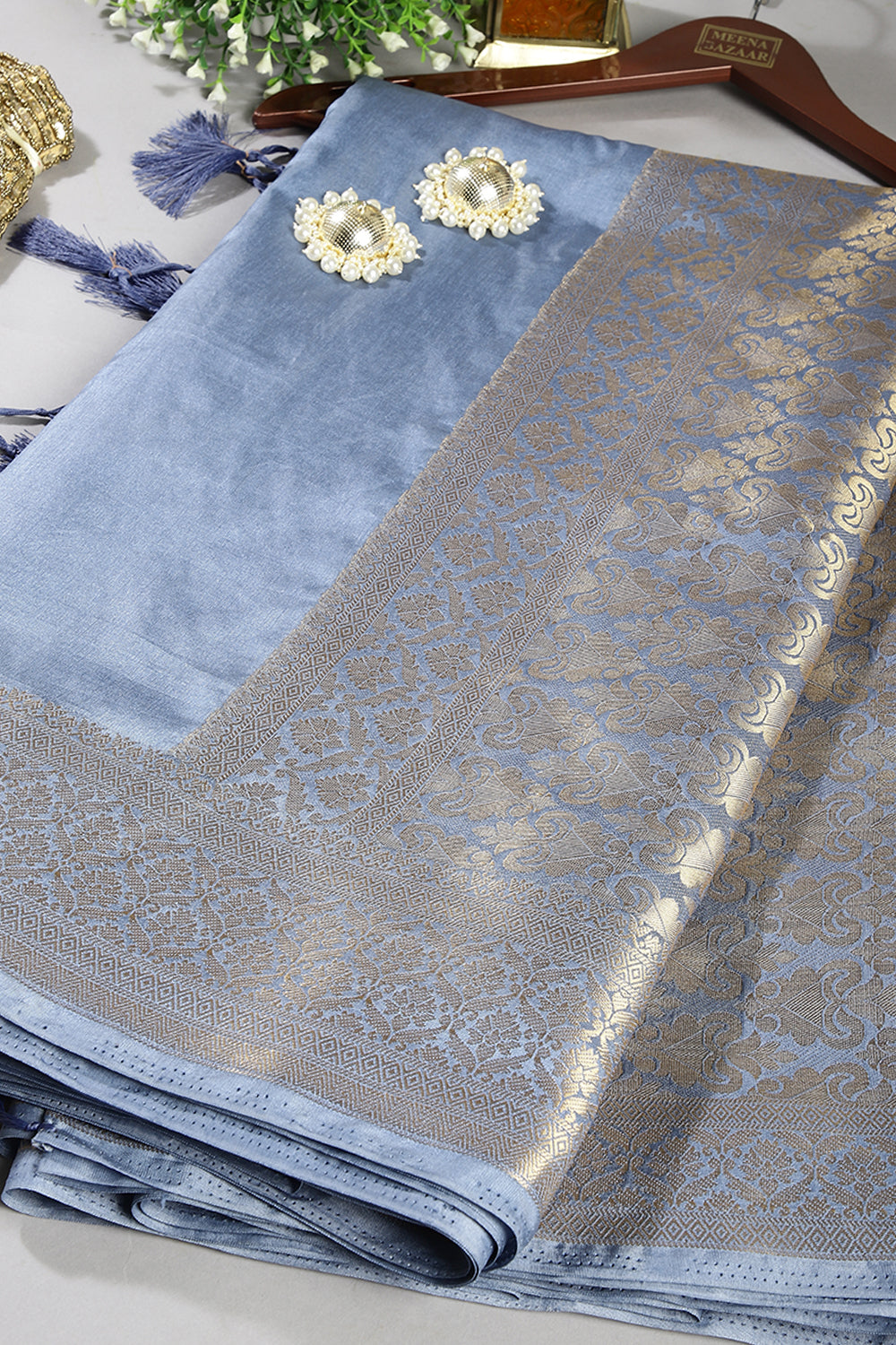 Bluish Grey Color Silk Woven Saree