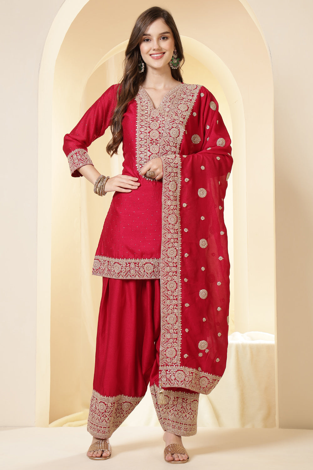 Rani Silk Zari Embroidered Suit With Parsi Salwar