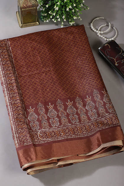 Brown Color Cotton Printed Saree