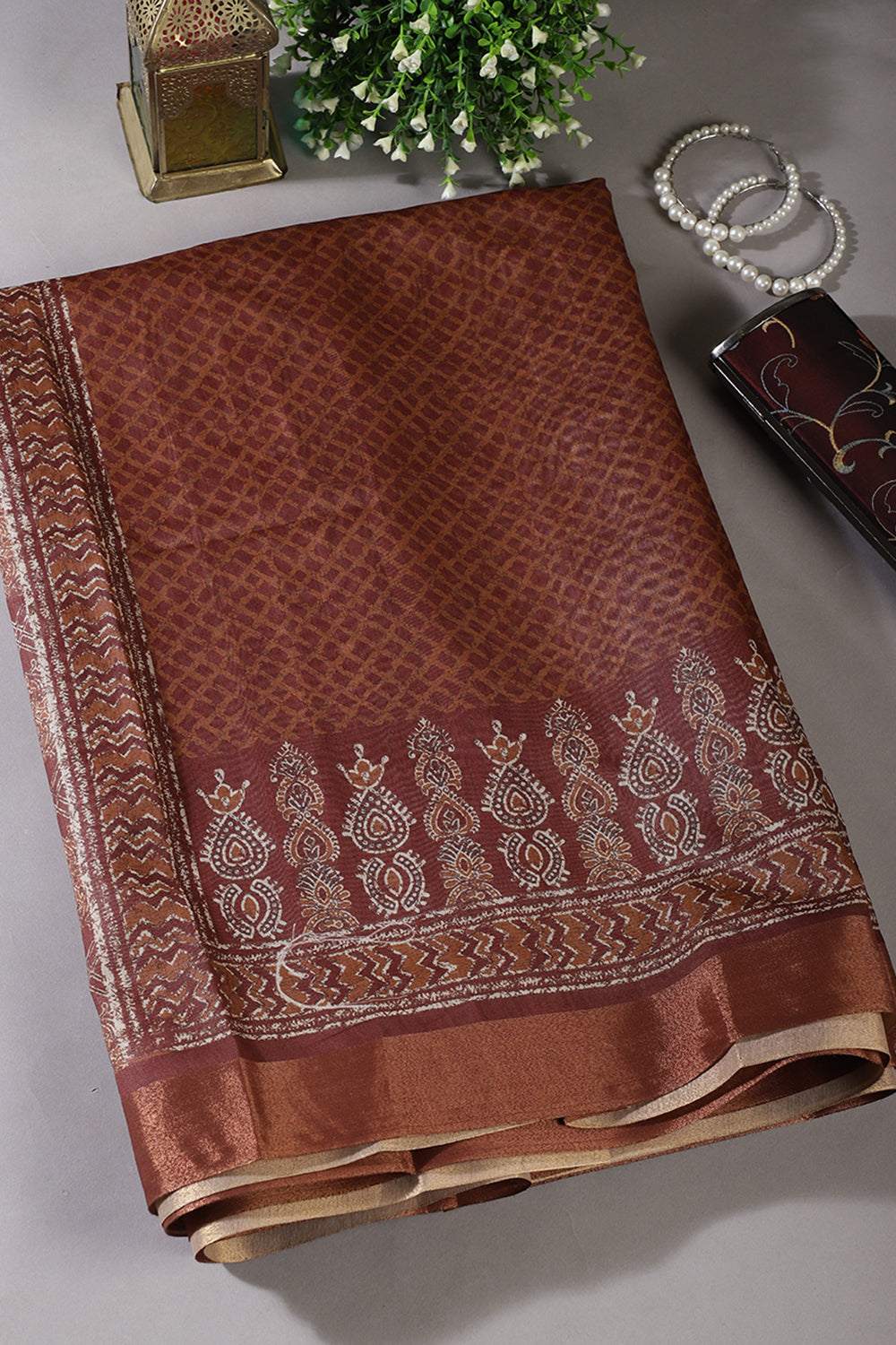 Brown Color Cotton Printed Saree