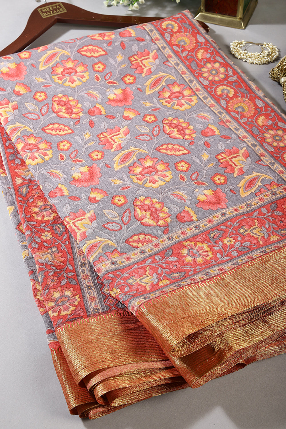 Grey Color Floral Printed Tussar Silk Saree