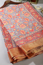 Grey Color Floral Printed Tussar Silk Saree