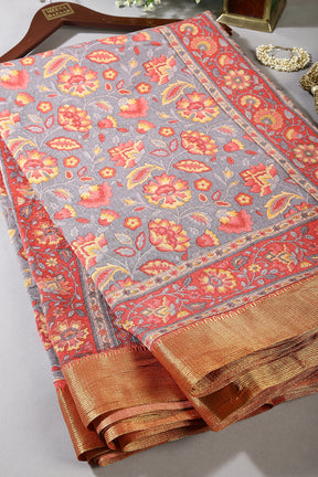 Grey Color Floral Printed Tussar Silk Saree