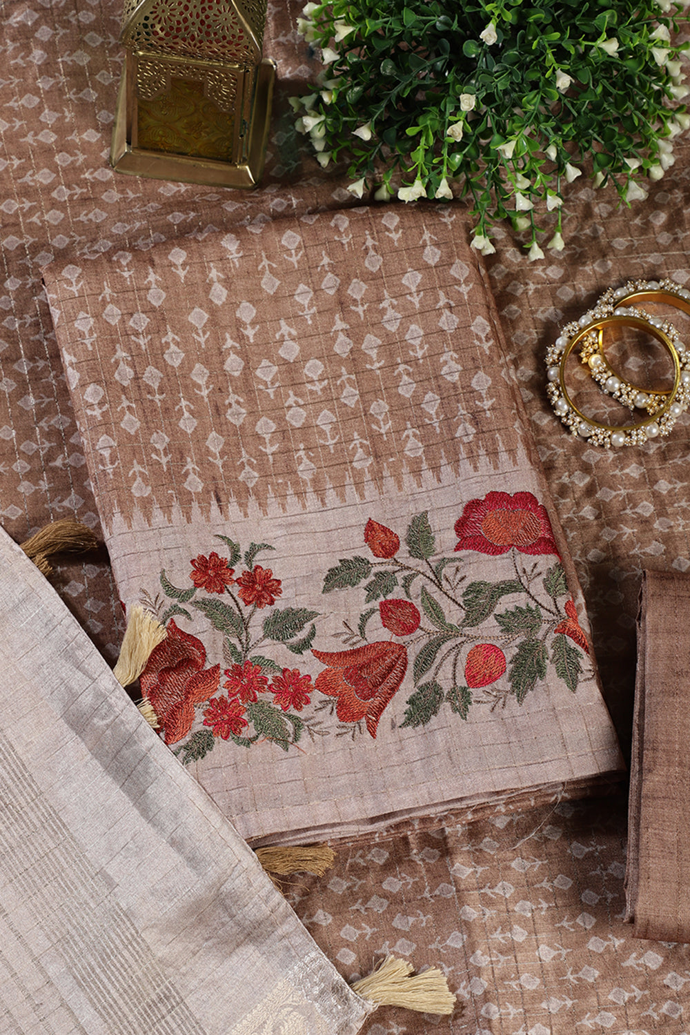 Tan Tussar Cotton Printed And Floral Embroidered Unstiched Suit Material