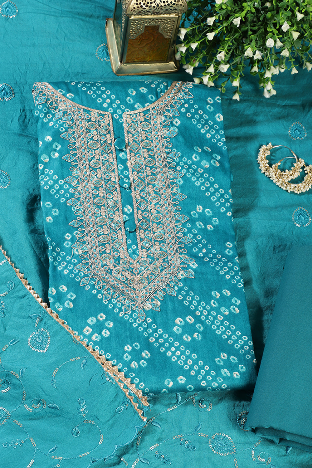Teal Cotton Bandhani Printed & Neck Embroidered Unstitched Suit Fabric