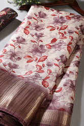 Mauve & Red Colour Floral Printed Cotton Silk Saree