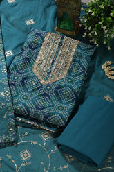 Blue Cotton Bandhani Printed & Neck Embroidered Unstitched Suit Fabric