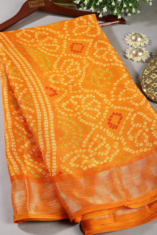 Mustard Color Chiffon Bandhani Printed Saree