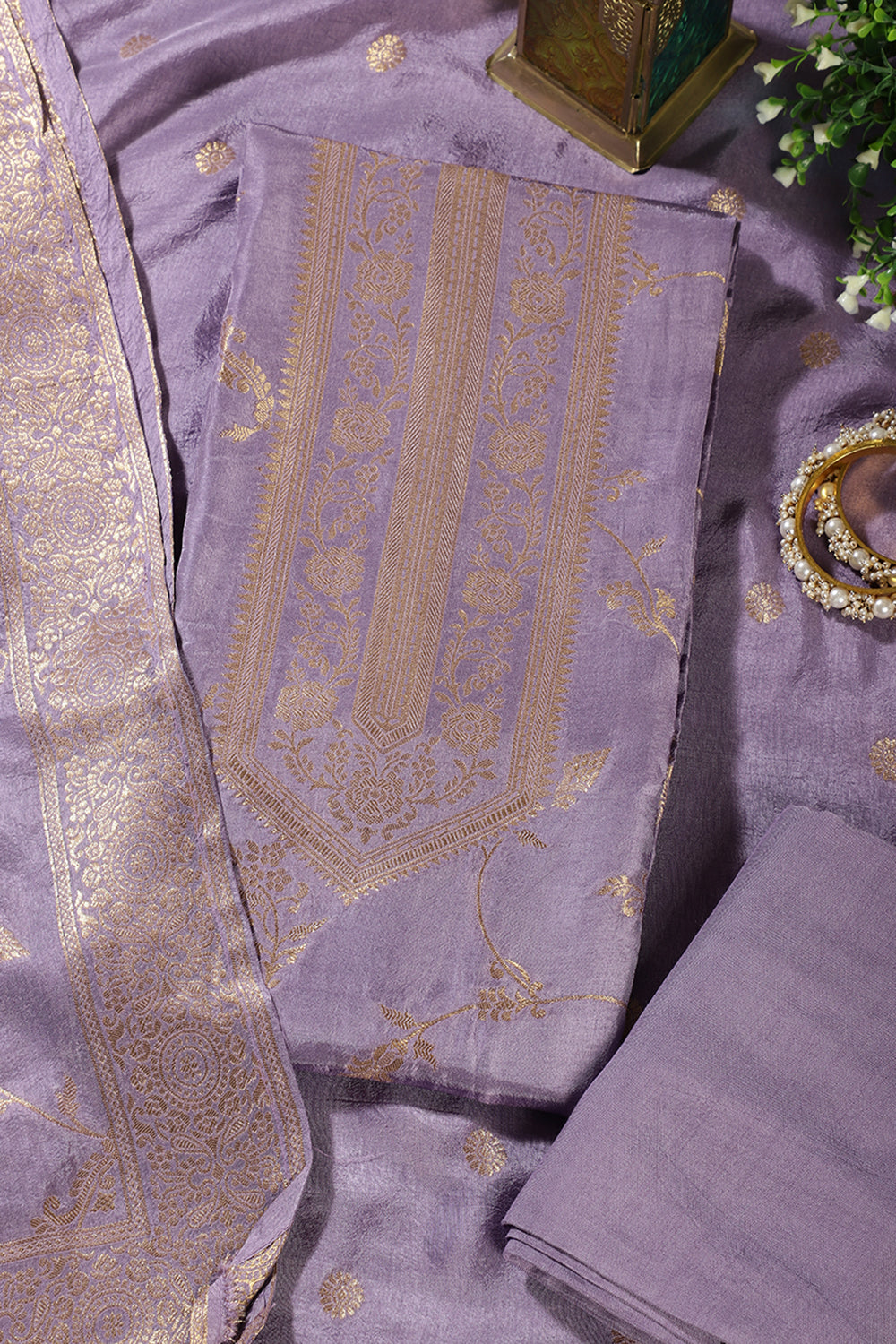 Lavender Banarsi Floral Woven Silk Unstitched Suit