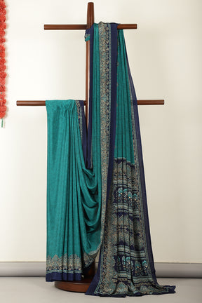 Teal Kashmiri-Inspired Floral Printed Crepe Saree
