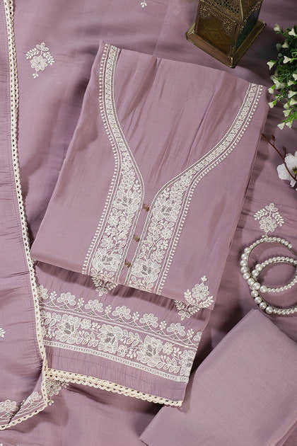 Mauve Muslin Resham Embroidered Unstitched Suit Material