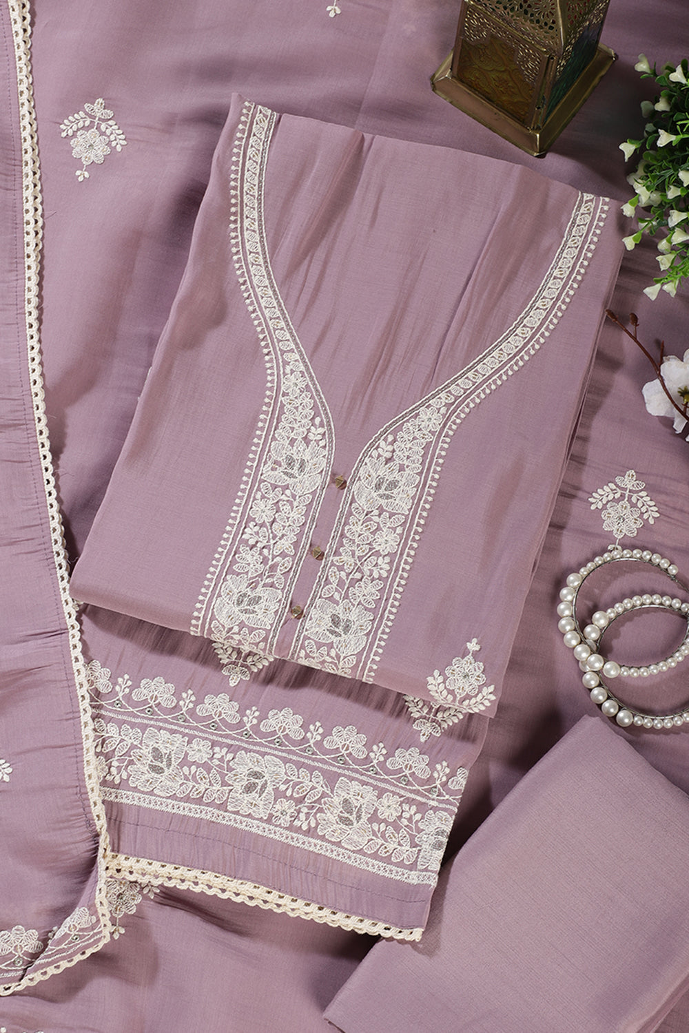 Mauve Muslin Resham Embroidered Unstitched Suit Material
